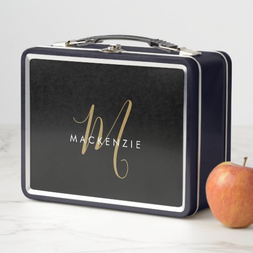 Elegant Modern Black Gold Script Monogram Metal Lunch Box