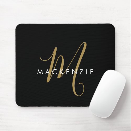 Elegant Modern Black Gold Script Monogram Mouse Pad