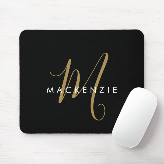 Elegant Modern Black Gold Script Monogram Mouse Pad (With Mouse)
