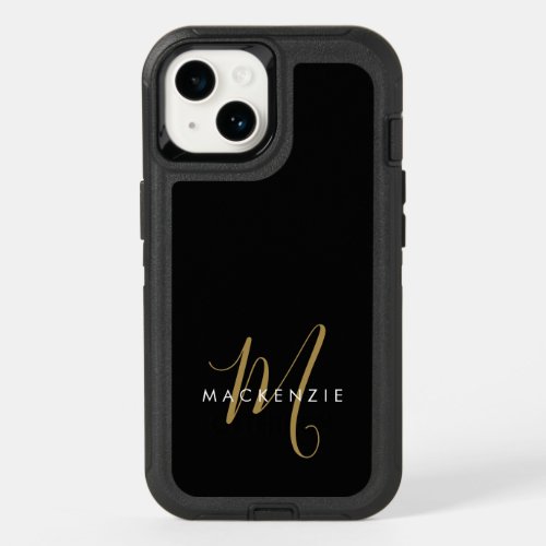 Elegant Modern Black Gold Script Monogram OtterBox iPhone 14 Case