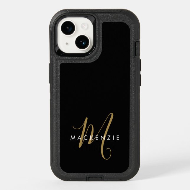 Elegant Modern Black Gold Script Monogram Otterbox iPhone Case (Back)