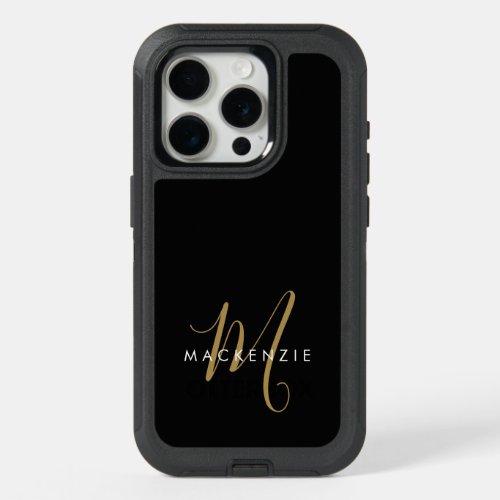 Elegant Modern Black Gold Script Monogram iPhone 15 Pro Case