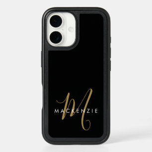 Elegant Modern Black Gold Script Monogram iPhone 16 Case