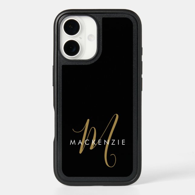 Elegant Modern Black Gold Script Monogram Otterbox iPhone Case (Back)