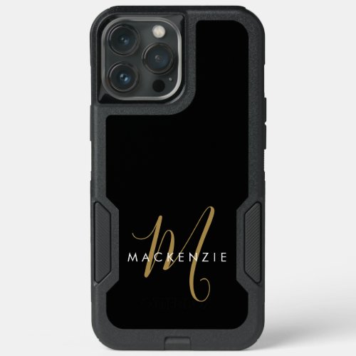 Elegant Modern Black Gold Script Monogram iPhone 13 Pro Max Case