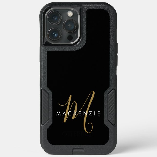 Elegant Modern Black Gold Script Monogram Otterbox iPhone Case (Back)