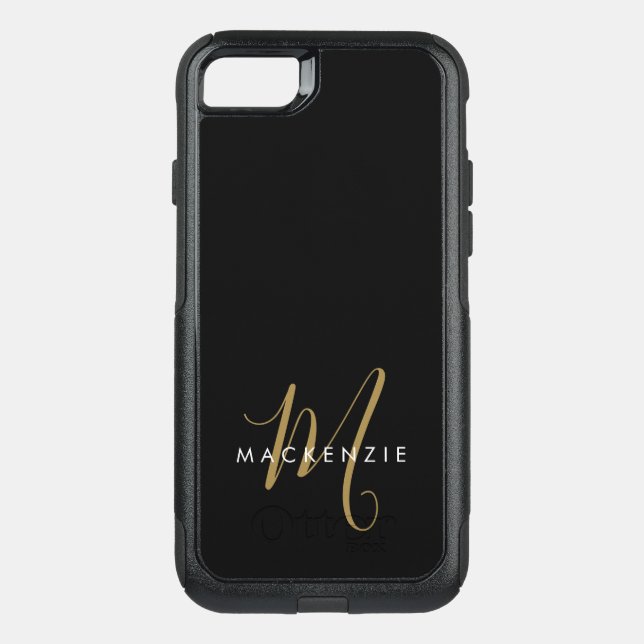 Elegant Modern Black Gold Script Monogram Otterbox iPhone Case (Back)