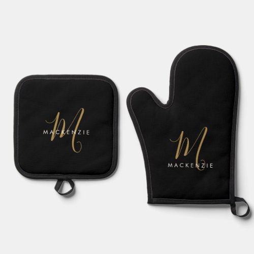 Elegant Modern Black Gold Script Monogram Oven Mitt  Pot Holder Set