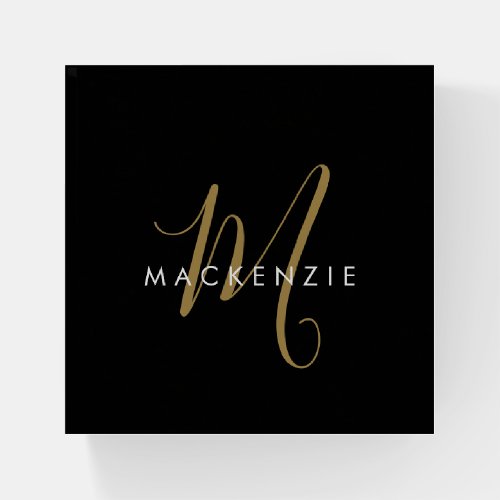 Elegant Modern Black Gold Script Monogram Paperweight