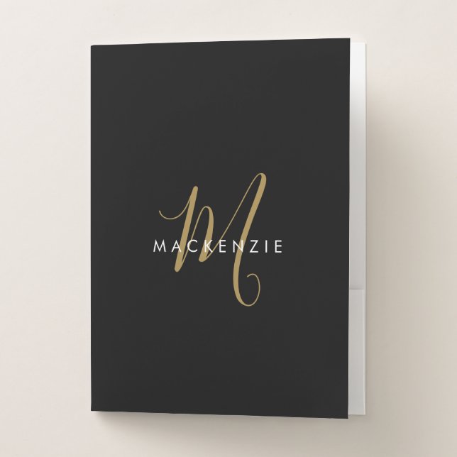 Elegant Modern Black Gold Script Monogram Pocket Folder (Front)