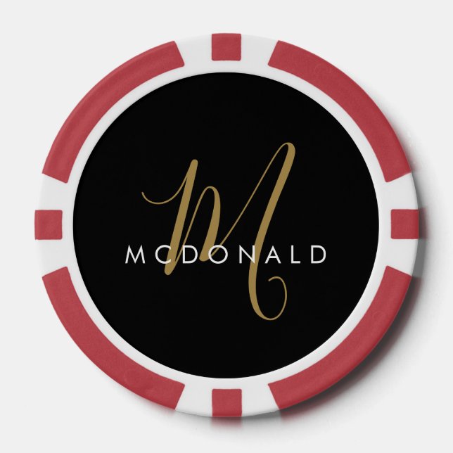 Elegant Modern Black Gold Script Monogram Poker Chips (Front)