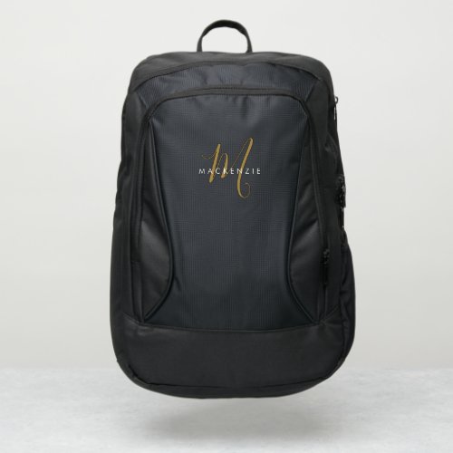 Elegant Modern Black Gold Script Monogram Port Authority Backpack