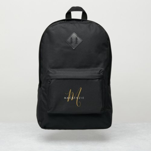 Elegant Modern Black Gold Script Monogram Port Authority Backpack