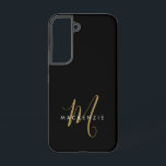 Elegant Modern Black Gold Script Monogram Samsung Galaxy S22 Case<br><div class="desc">Elegant Modern Black Gold Script Monogram Phone Case.  An elegant gold script monogram combined with a clean white san-serif font makes for a contemporary look.</div>