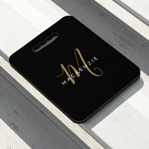 Elegant Modern Black Gold Script Monogram Seat Cushion