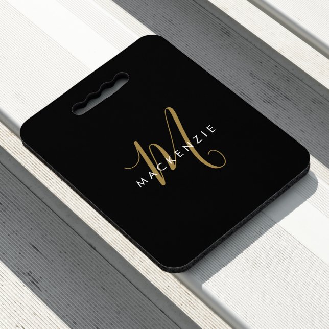 Elegant Modern Black Gold Script Monogram Seat Cushion (In Situ)