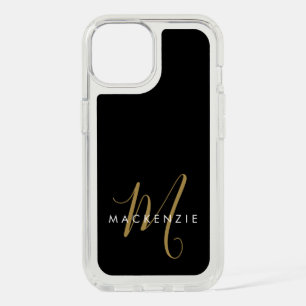 Elegant Modern Black Gold Script Monogram iPhone 15 Case