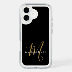 Elegant Modern Black Gold Script Monogram iPhone 16 Case