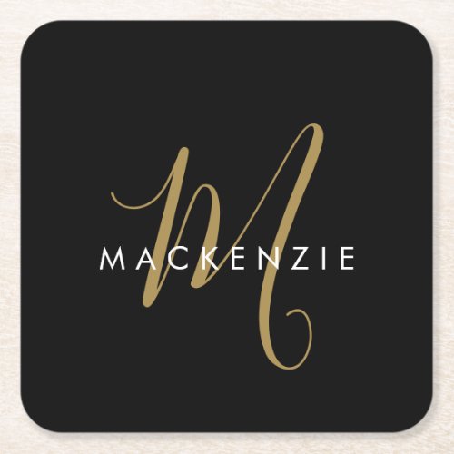 Elegant Modern Black Gold Script Monogram Square Paper Coaster