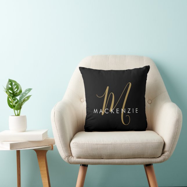 Elegant Modern Black Gold Script Monogram Throw Pillow (Chair)