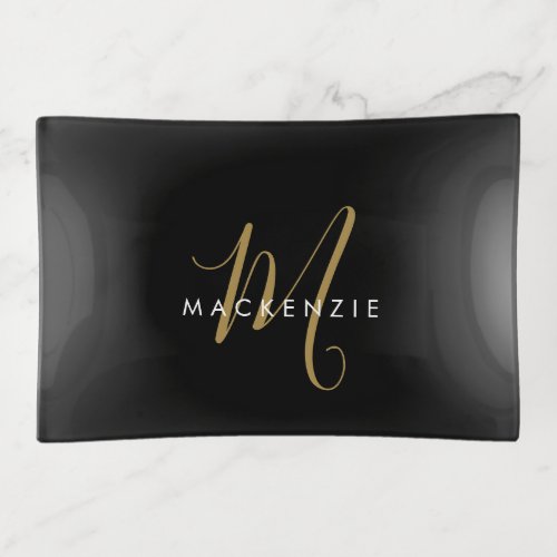 Elegant Modern Black Gold Script Monogram Trinket Tray