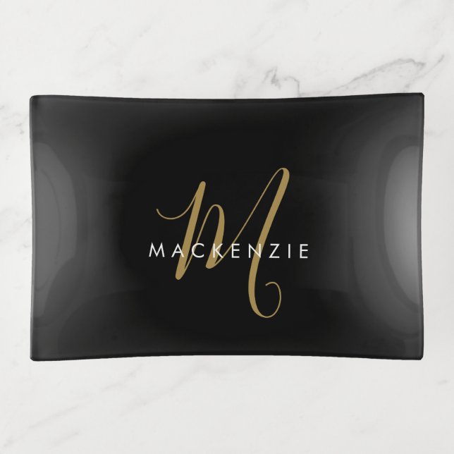 Elegant Modern Black Gold Script Monogram Trinket Tray (Front)