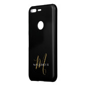Elegant Modern Black Gold Script Monogram Uncommon Google Pixel Case (Back/Left)