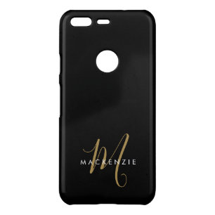 Elegant Modern Black Gold Script Monogram Uncommon Google Pixel Case