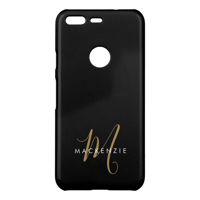 Elegant Modern Black Gold Script Monogram Uncommon Google Pixel Case (Back)