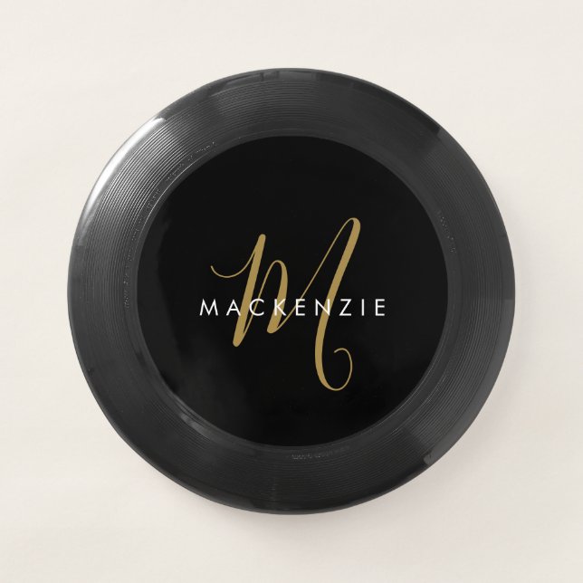 Elegant Modern Black Gold Script Monogram Wham-O Frisbee (Front)