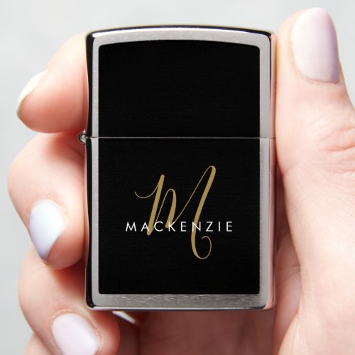 Elegant Modern Black Gold Script Monogram Zippo Lighter