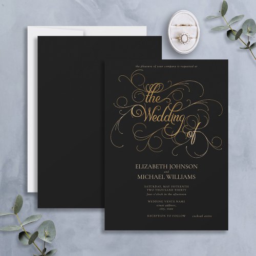 Elegant Modern Black  Gold Script Wedding Invitation