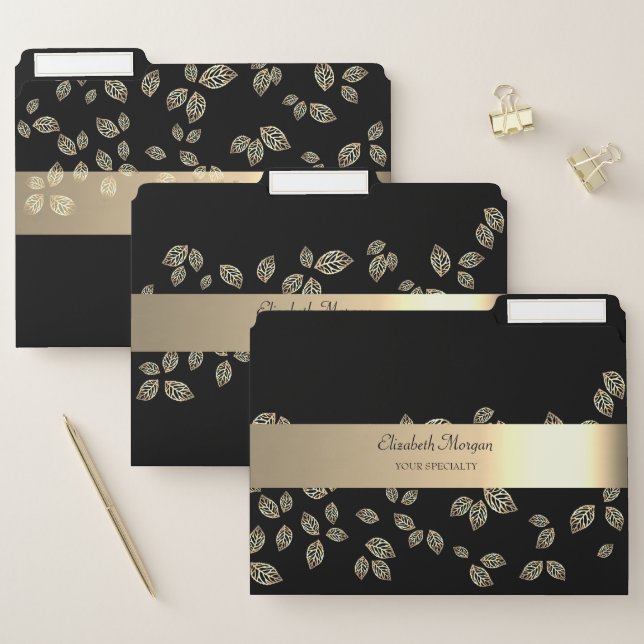Elegant Modern Black Gold  Stripe Leaves File Folder (Set)