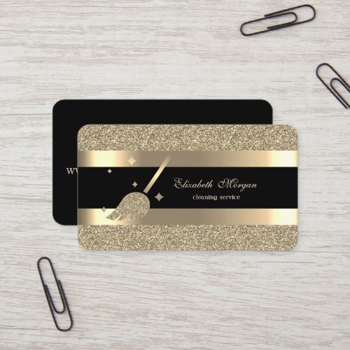 Elegant Modern Black Gold Striped Glitter Broom Business Card