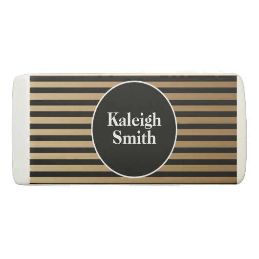 Elegant, Modern Black Gold Striped Personalized Eraser (Front)