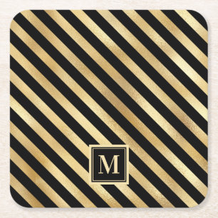 Elegant Modern Black Gold Stripes Monogram Square Paper Coaster