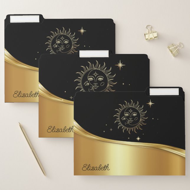 Elegant Modern Black Gold Sun Moon File Folder (Set)