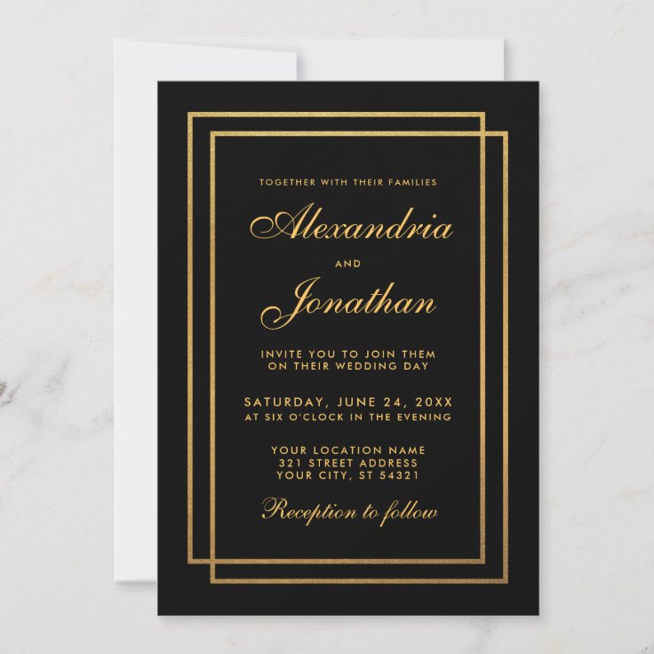 Elegant Modern Black Gold Wedding Invitation | Zazzle