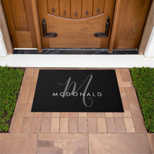 Elegant Modern Black Gray Script Monogram Doormat