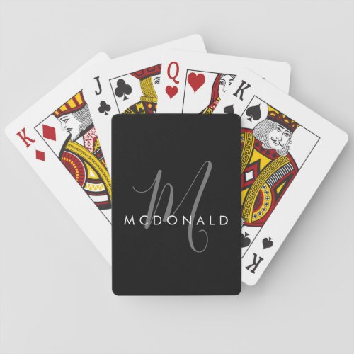 Elegant Modern Black Gray Script Monogram Poker Cards