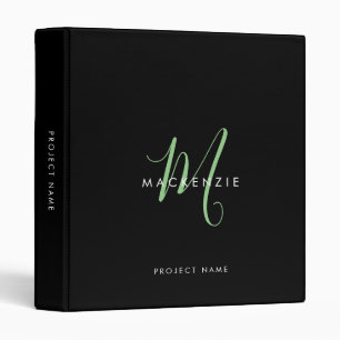 Elegant Modern Black Green Script Monogram 3 Ring Binder