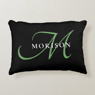 Elegant Modern Black Green Script Monogram Accent Pillow