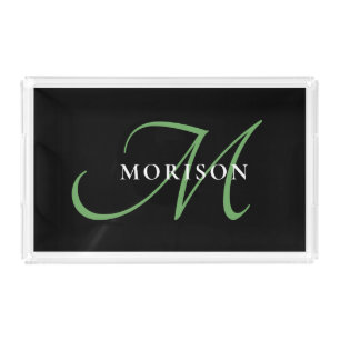Elegant Modern Black Green Script Monogram Acrylic Tray