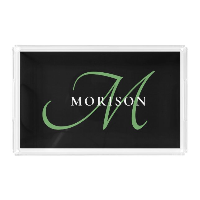 Elegant Modern Black Green Script Monogram Acrylic Tray (Front)