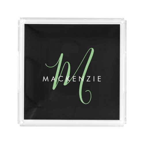 Elegant Modern Black Green Script Monogram Acrylic Tray