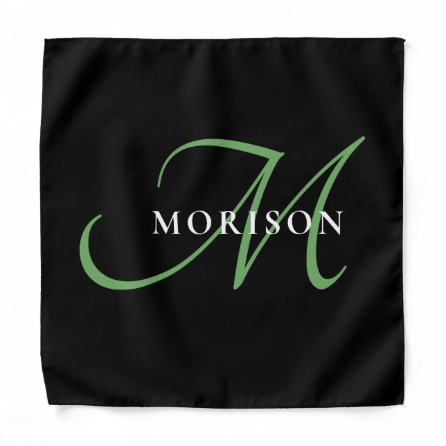 Elegant Modern Black Green Script Monogram Bandana (Front)