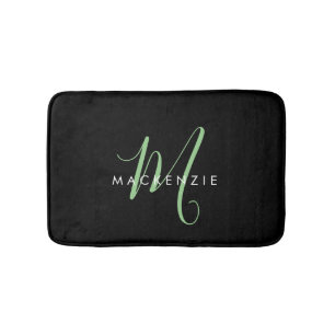 Elegant Modern Black Green Script Monogram Bath Mat