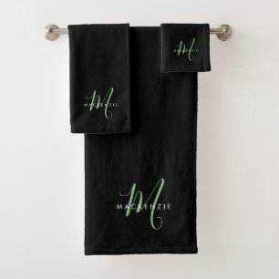 Elegant Modern Black Green Script Monogram Bath Towel Set