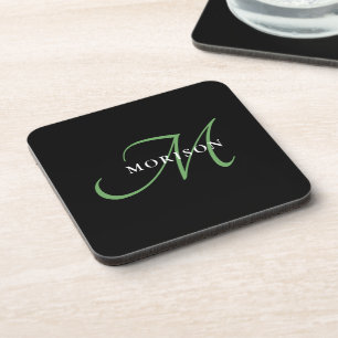 Elegant Modern Black Green Script Monogram Beverage Coaster