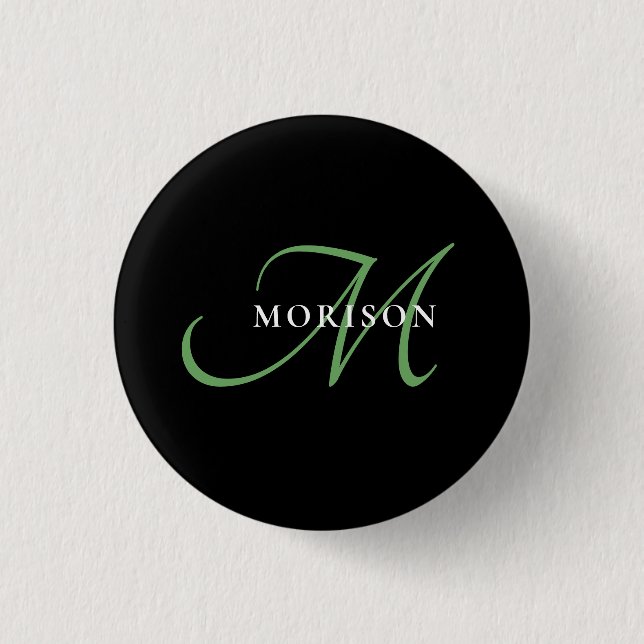 Elegant Modern Black Green Script Monogram Button (Front)